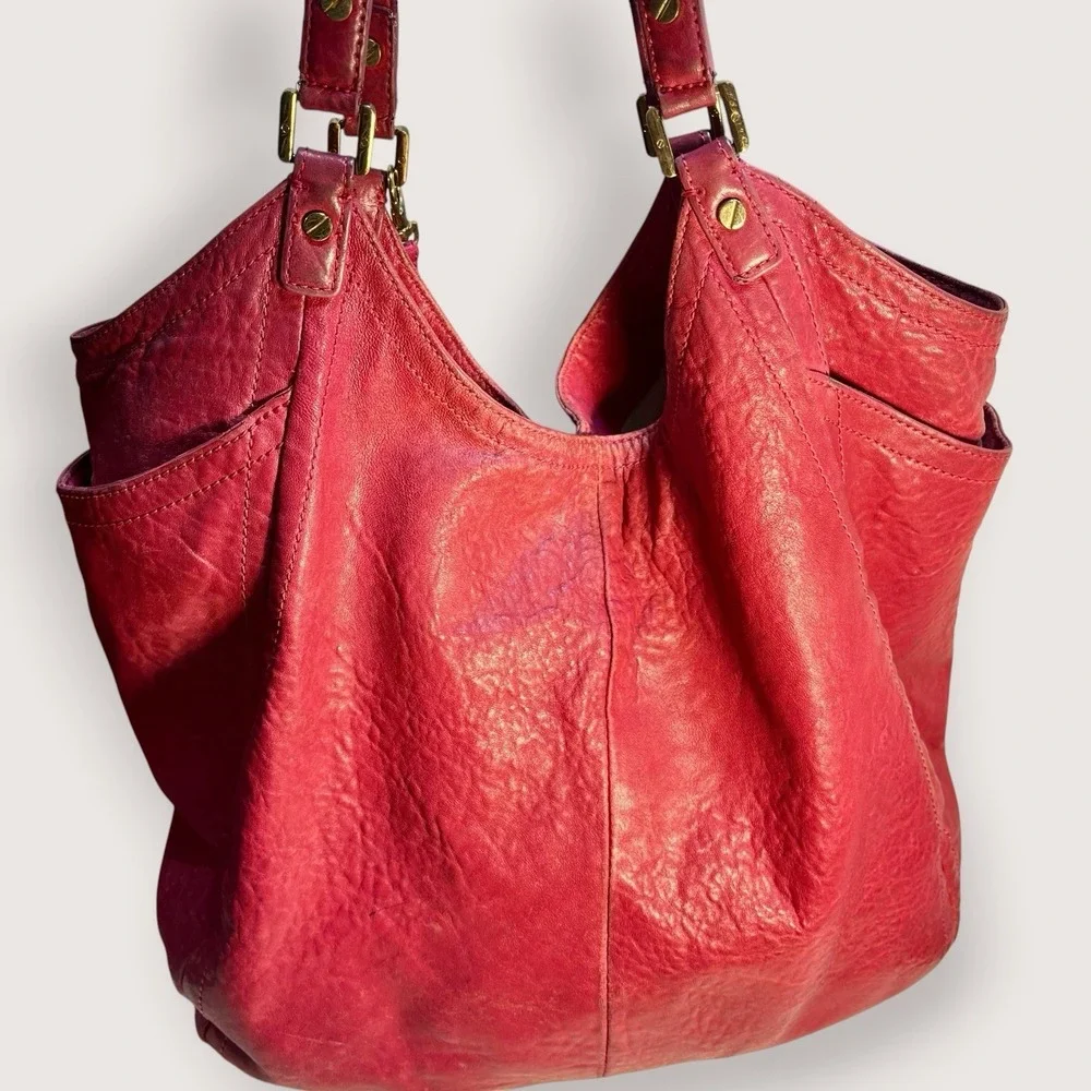 TORY BURCH Louisa Calfskin Leather Slouch Bag Pink Rose Red Merlot Large READ